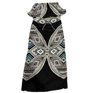 Mossimo Strapless XS Strapless Black Patterned Maxi Dress Y2K